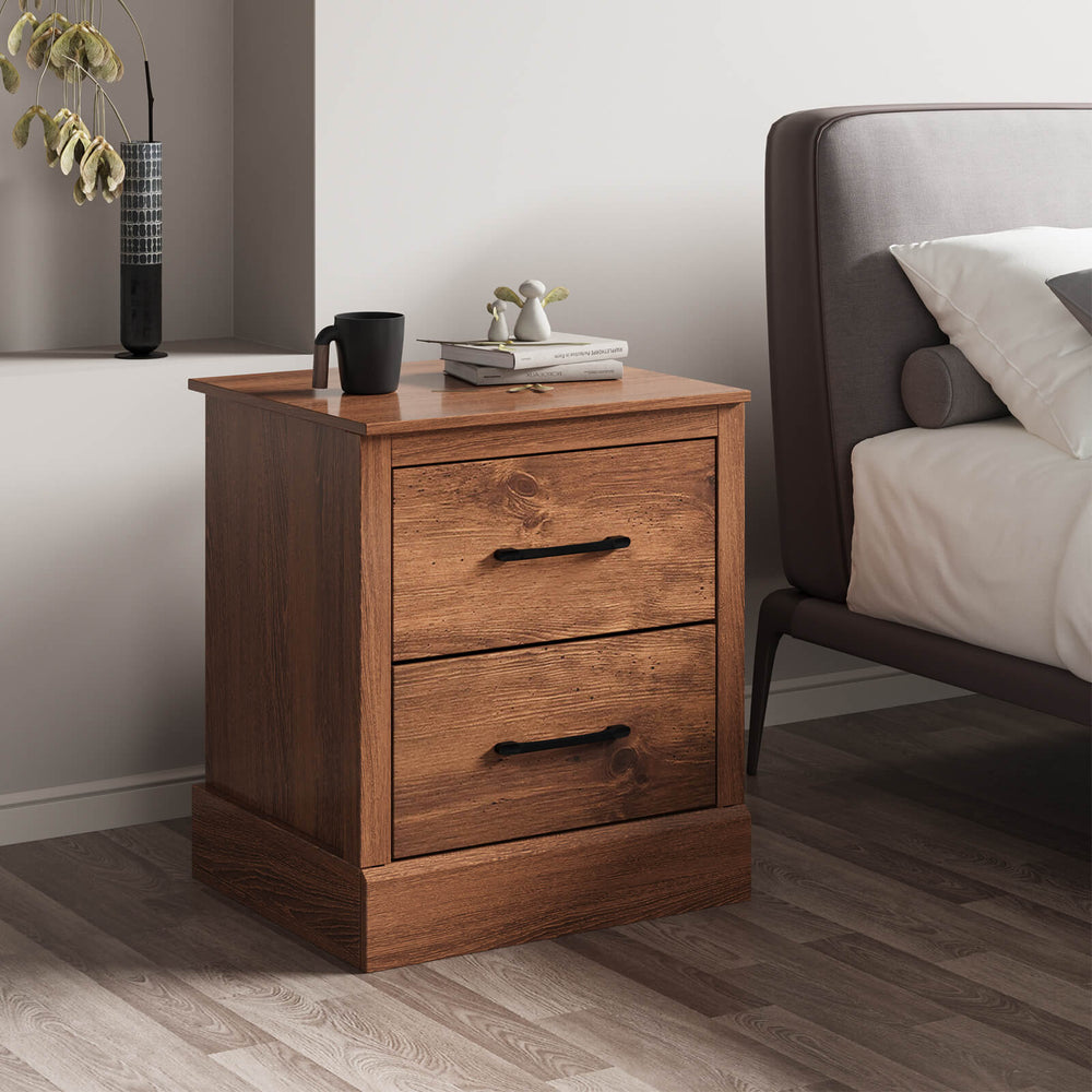 Wood Compact Floor Nightstand with Storage Drawers-Rustic Brown - Gallery View 1 of 9