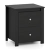 Black nightstand with two drawers for hidden storage, ideal for bedroom or living room use, featuring a wide tabletop.