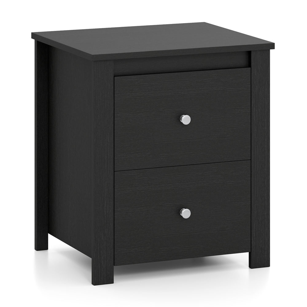 Black nightstand with two drawers for hidden storage, ideal for bedroom or living room use, featuring a wide tabletop.