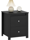 Black nightstand with two drawers, sturdy construction, and a wide tabletop for bedroom or living room storage.