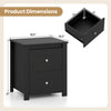 Black nightstand with two drawers, featuring a wide tabletop and sturdy legs, perfect for bedroom or living room use.