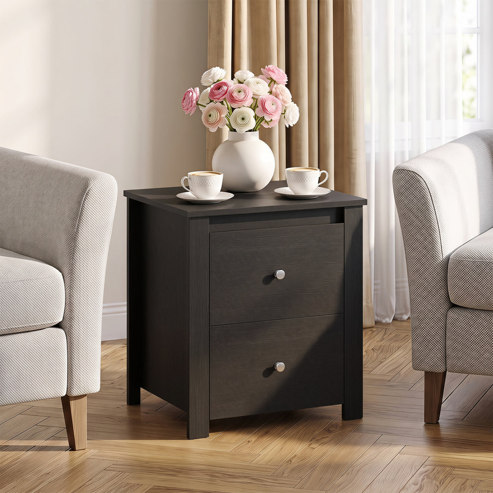 Black nightstand with two drawers, featuring a wide tabletop, ideal for bedroom or living room storage and organization.
