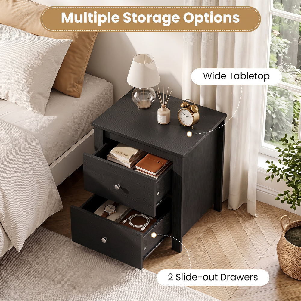 Black nightstand featuring 2 slide-out drawers and a wide tabletop, perfect for bedroom or living room storage.