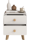 White nightstand with two drawers and solid rubber wood legs, featuring mid-century design for stylish bedroom storage.
