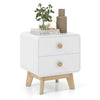White nightstand with two drawers, solid rubber wood legs, and mid-century design, perfect for stylish storage.