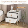White nightstand with 2 drawers and solid rubber wood legs, featuring a wide tabletop for bedtime essentials.