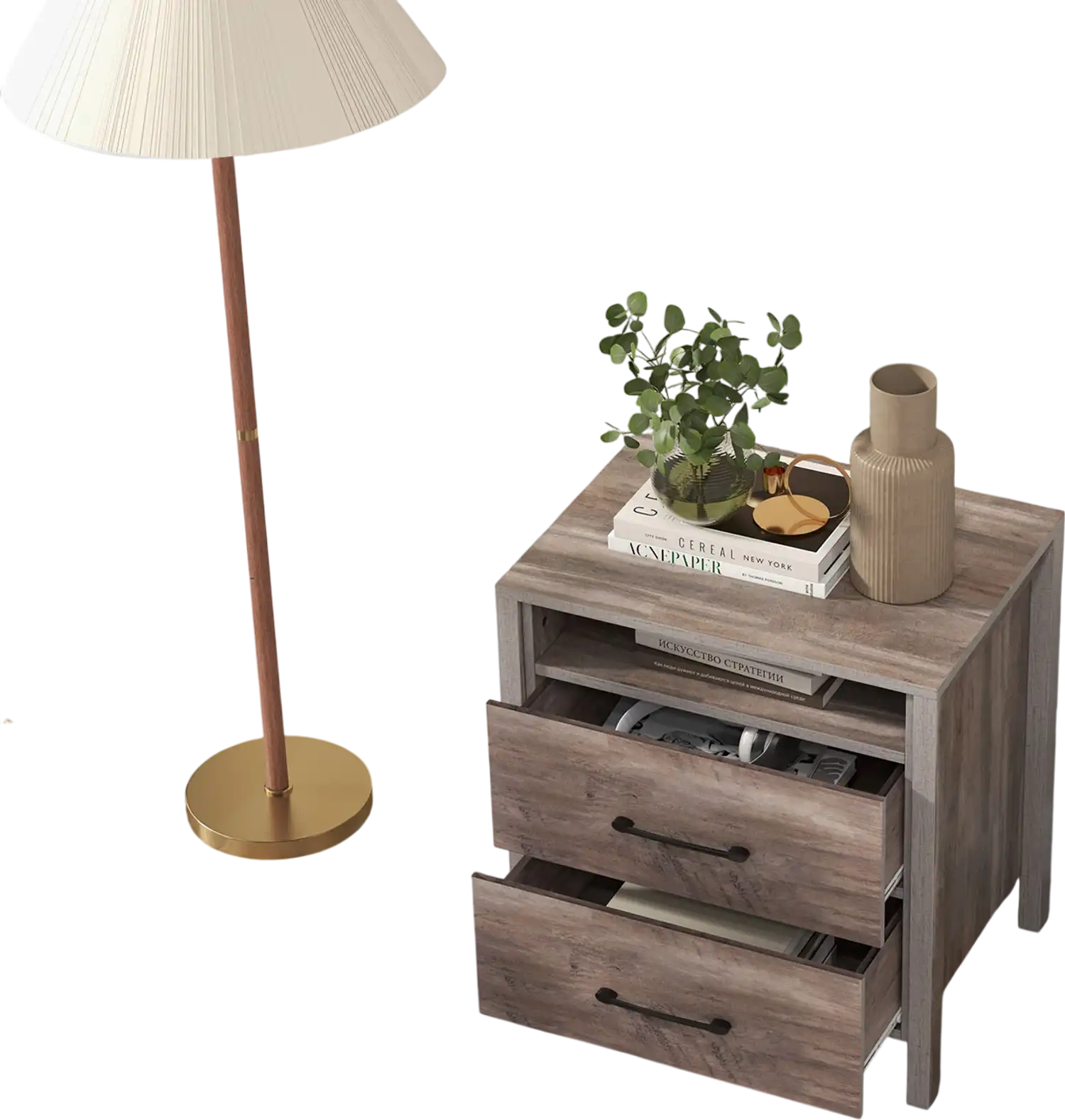 Costway Farmhouse Nightstand Bedside Table 2 Drawers Open Shelf Grey 79462518 New
