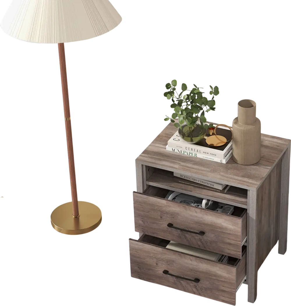 Nightstand with 2 drawers and open shelf in grey, featuring sturdy construction and non-slip foot pads for stability.