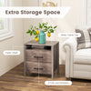 Nightstand with 2 drawers and open shelf in grey, perfect for rustic or modern decor, providing extra storage space.