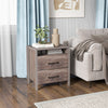 Nightstand with 2 drawers and open shelf in grey, perfect for rustic or modern decor in bedroom or living room.
