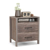 Grey farmhouse nightstand featuring 2 drawers and an open storage shelf, ideal for bedroom or living room use.