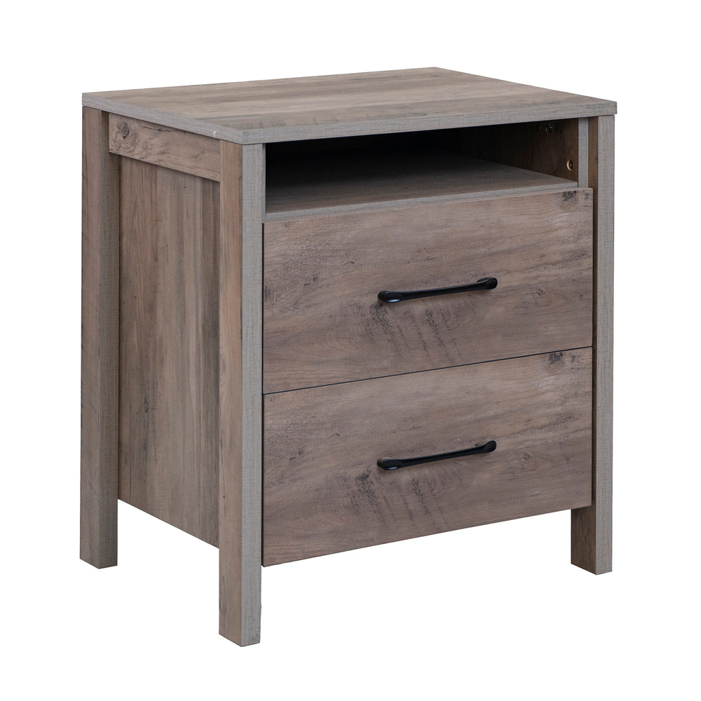 Nightstand with 2 drawers and open shelf in grey, featuring sturdy construction and metal slides for versatile storage.