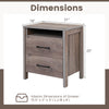 Nightstand with 2 drawers and open shelf in grey, featuring dimensions for versatile use in rustic or modern settings.