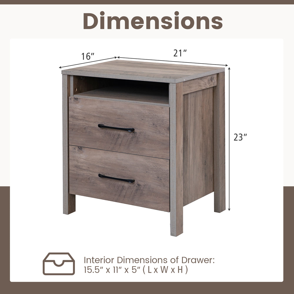 Nightstand with 2 drawers and open shelf in grey, featuring dimensions for versatile use in rustic or modern settings.