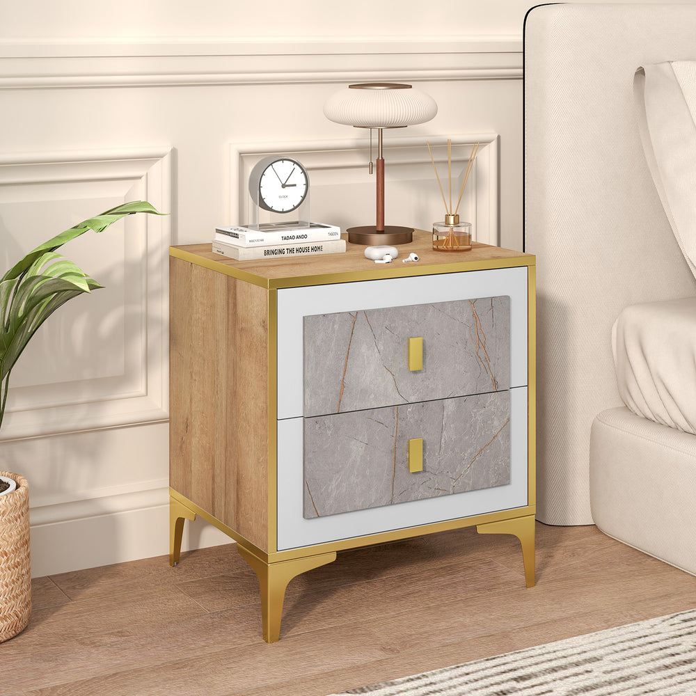 Nightstand with elegant marble motifs, two pull-out drawers, and sturdy metal legs for bedroom or living room use.