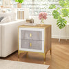 Nightstand with 2 pull-out drawers, elegant marble motifs, and gold metal legs, perfect for living room or bedroom use.