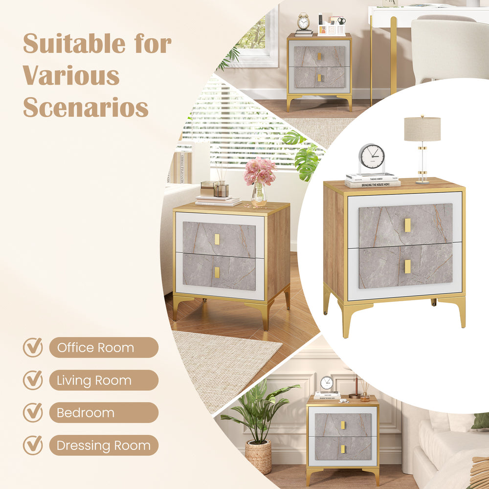 Nightstand featuring a spacious top, elegant marble design, and two pull-out drawers for versatile bedroom or living.
