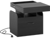 Black nightstand with charging station, sliding top storage, and pull-out drawer for organized bedside essentials.