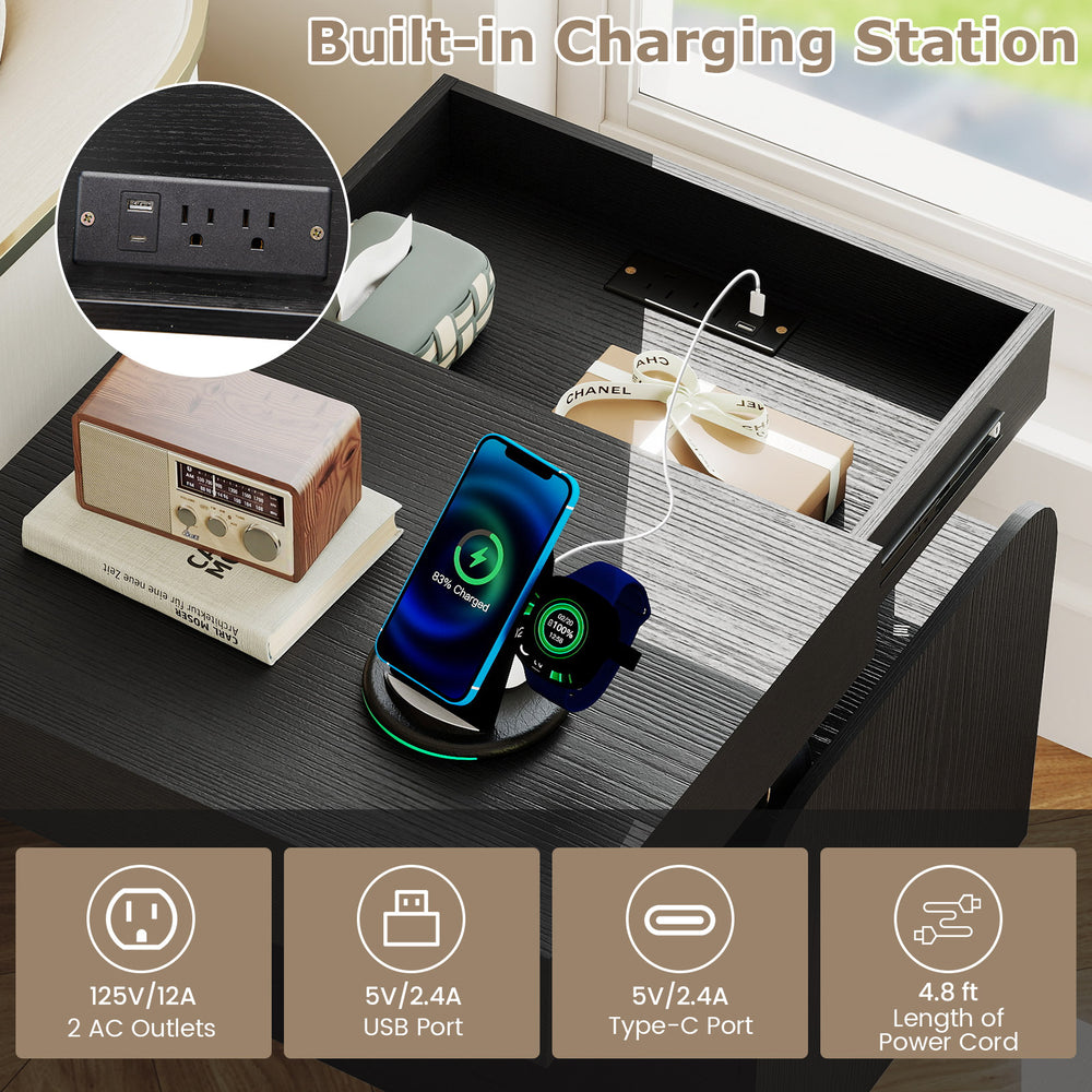 Nightstand with built-in charging station, featuring 2 AC outlets and USB ports, perfect for bedside convenience.