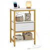 Nightstand with charging station, adjustable fabric drawer, and open shelves in white and gold for bedroom or living.