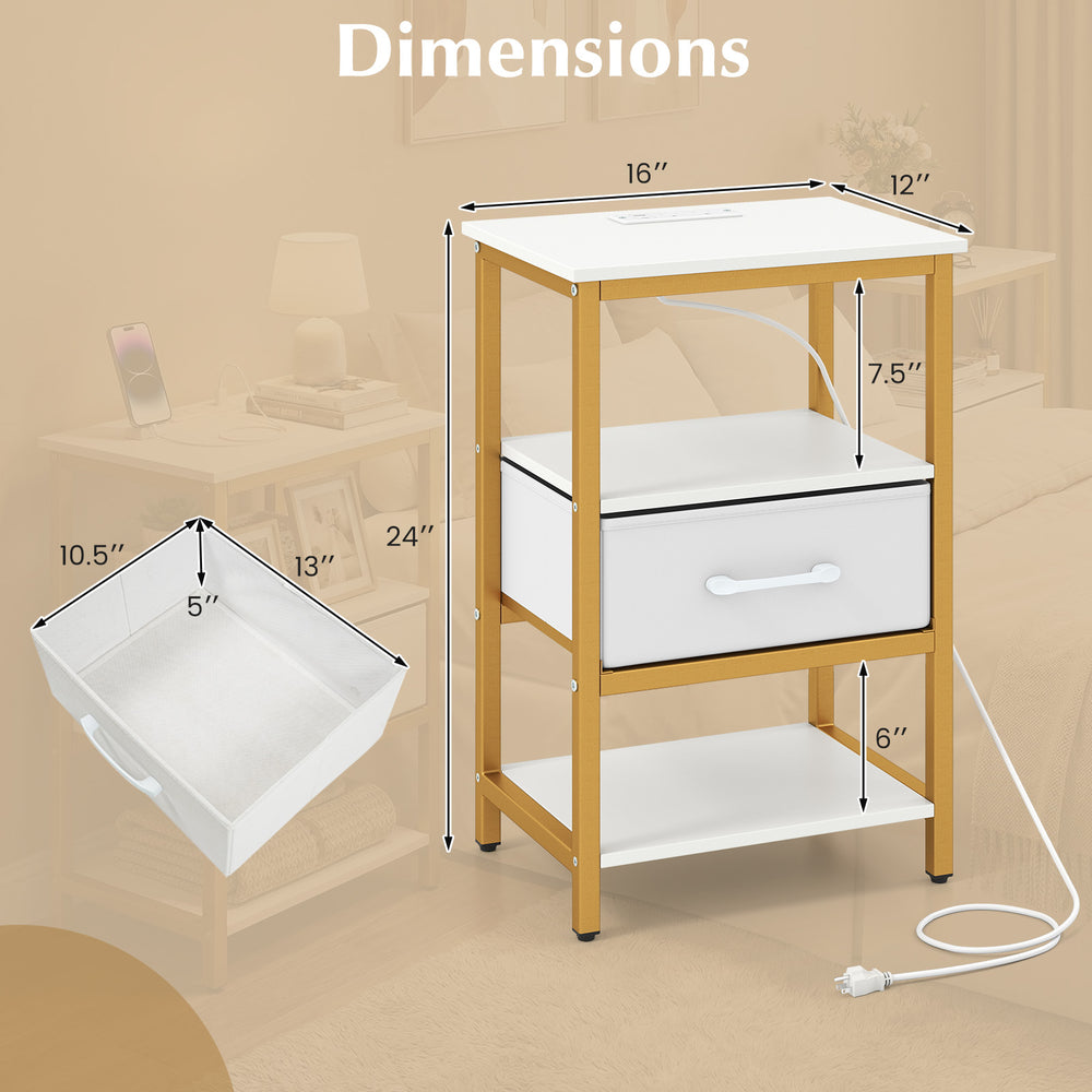 Dimensions of nightstand with charging station and adjustable fabric drawer, showcasing measurements for bedroom or.