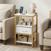 Nightstand with charging station, white and gold design, featuring adjustable fabric drawer and open storage shelves.