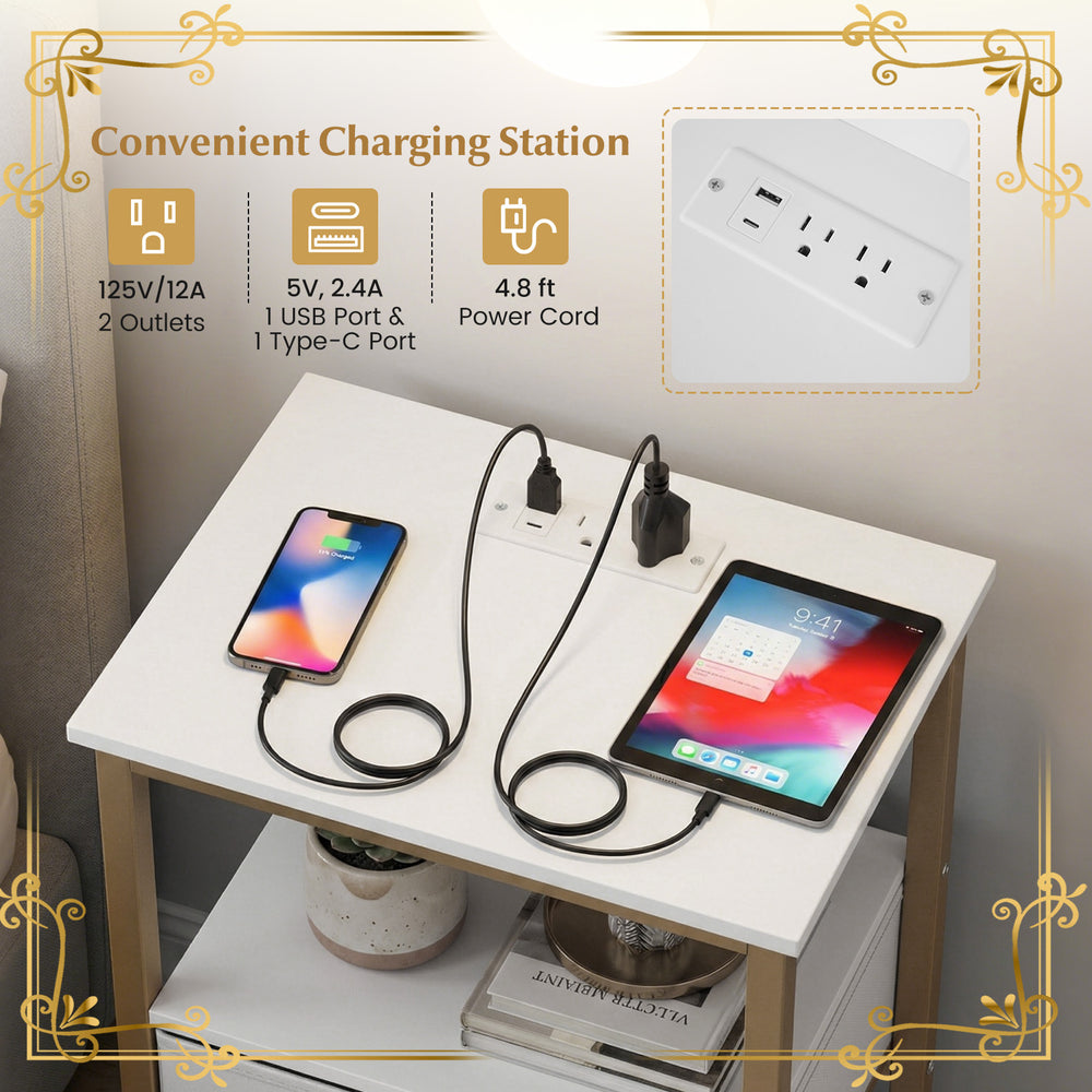 Nightstand featuring a built-in charging station with multiple ports, adjustable fabric drawer, and open storage.