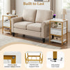 Nightstand with charging station in white and gold, featuring adjustable fabric drawer and open storage shelves for.