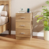 Natural wood nightstand with three storage drawers and built-in charging station for bedroom organization.