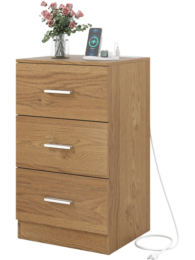 Costway Nightstand End Table w/ Charging Station 3-Drawer Bedroom Side Table 77267951 New