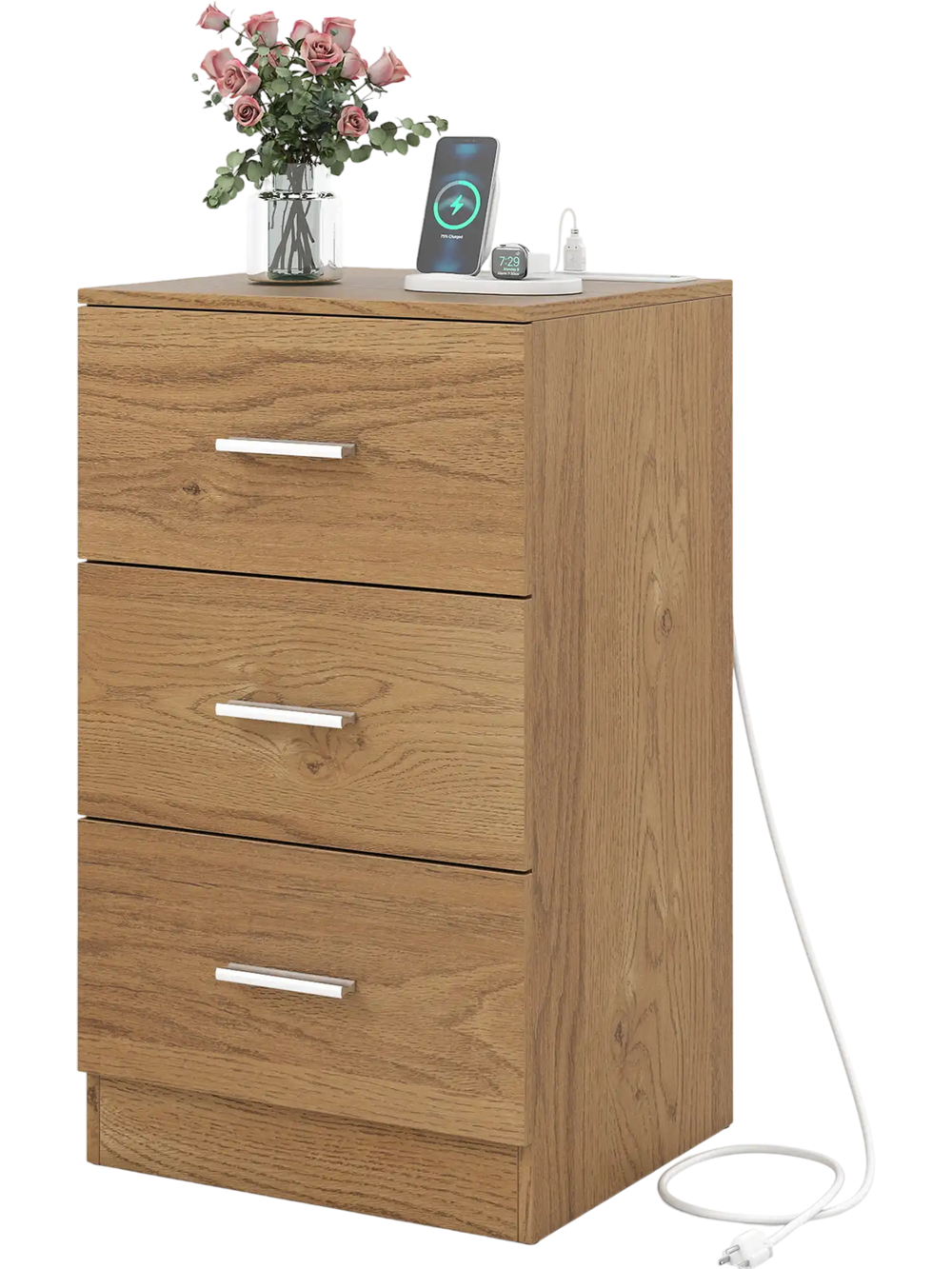 Nightstand with three storage drawers in natural wood finish, featuring a built-in charging station for convenience.