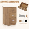 Natural wood nightstand with three drawers and built-in charging station for bedroom organization and convenience.