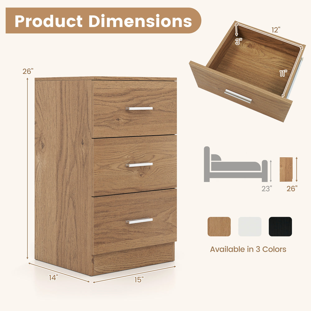 Natural wood nightstand with three drawers and built-in charging station for bedroom organization and convenience.