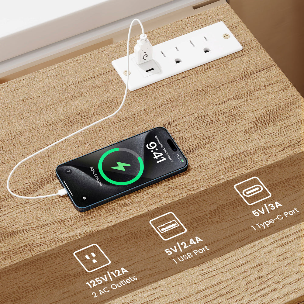 Nightstand with charging station featuring 2 AC outlets and 1 USB port, designed for bedroom organization and.