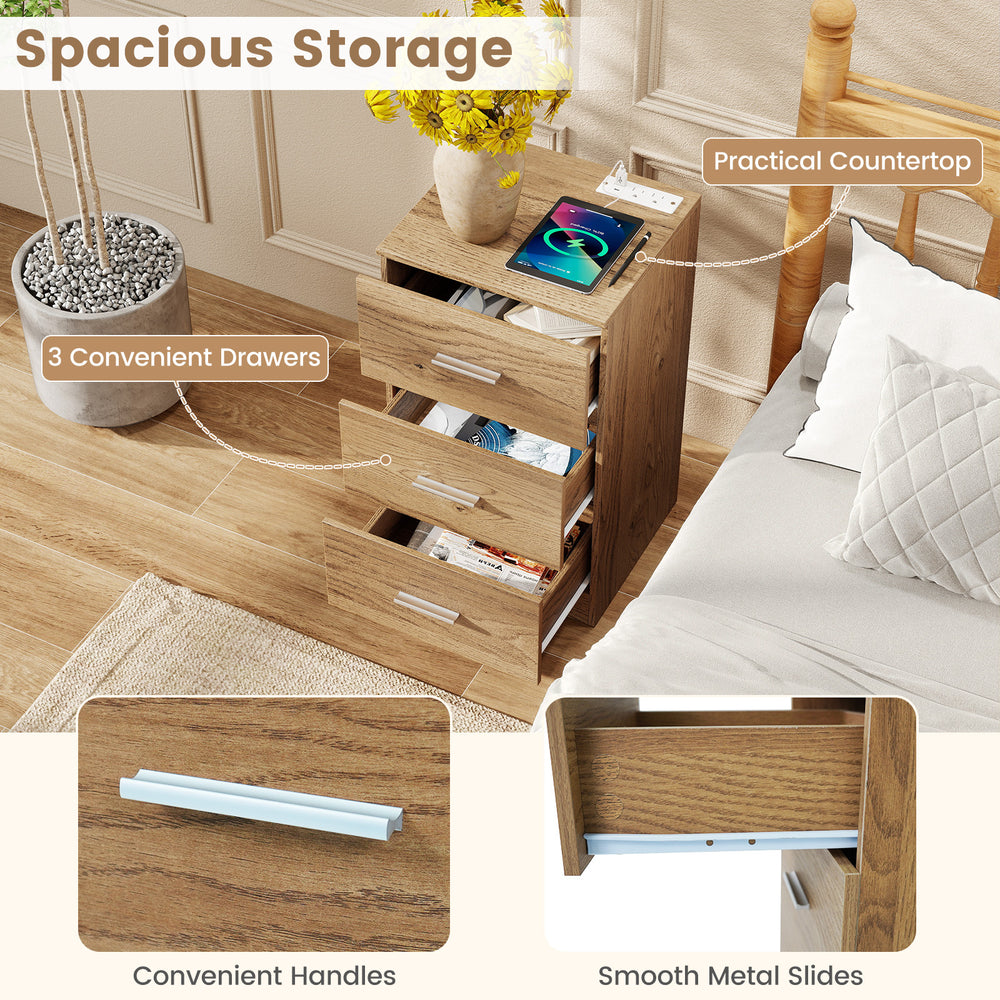 Nightstand with charging station featuring 3 storage drawers, convenient handles, and a practical countertop for.