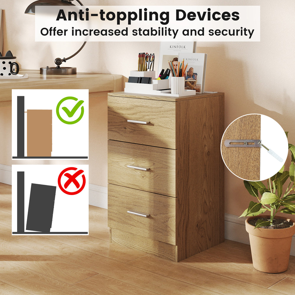 Nightstand with 3 storage drawers and built-in charging station, featuring anti-toppling devices for added stability.