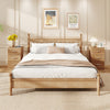 Natural wood nightstand showcasing a smooth surface, three spacious drawers, and a built-in charging station for.