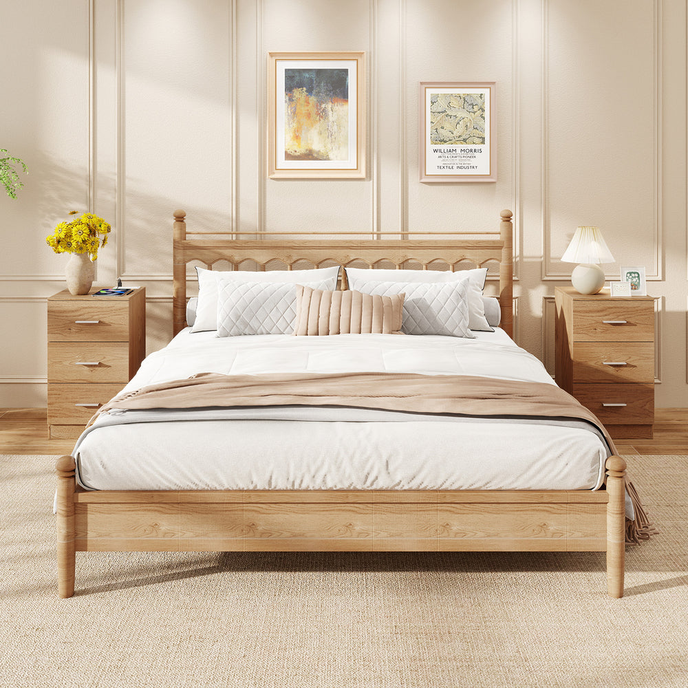 Natural wood nightstand showcasing a smooth surface, three spacious drawers, and a built-in charging station for.