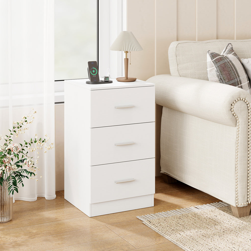 Nightstand with Charging Station End Table with 3 Storage Drawers Bedside Table for Bedroom-White - Gallery View 1 of 10