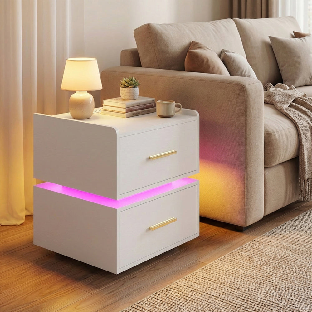 White nightstand with LED light strip, two storage drawers, and charging station, perfect for modern bedroom decor.