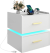 Nightstand with charging station, two storage drawers, and adjustable RGB LED light for modern bedside use.
