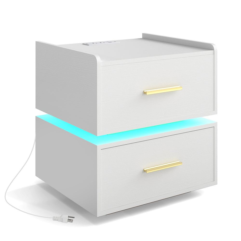 White nightstand with adjustable RGB LED light, two storage drawers, and charging station for modern bedside.