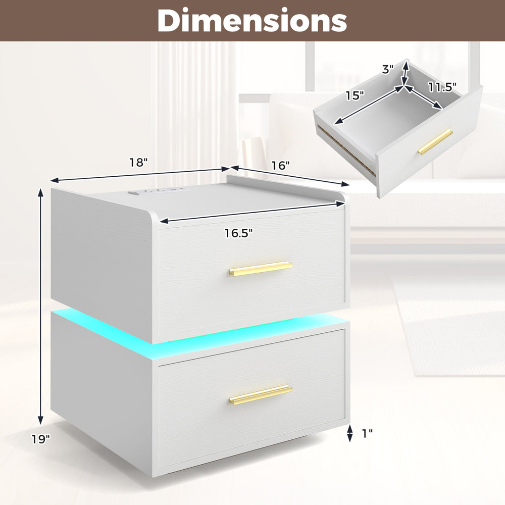 White nightstand with dimensions, featuring two storage drawers and an adjustable RGB LED charging station.