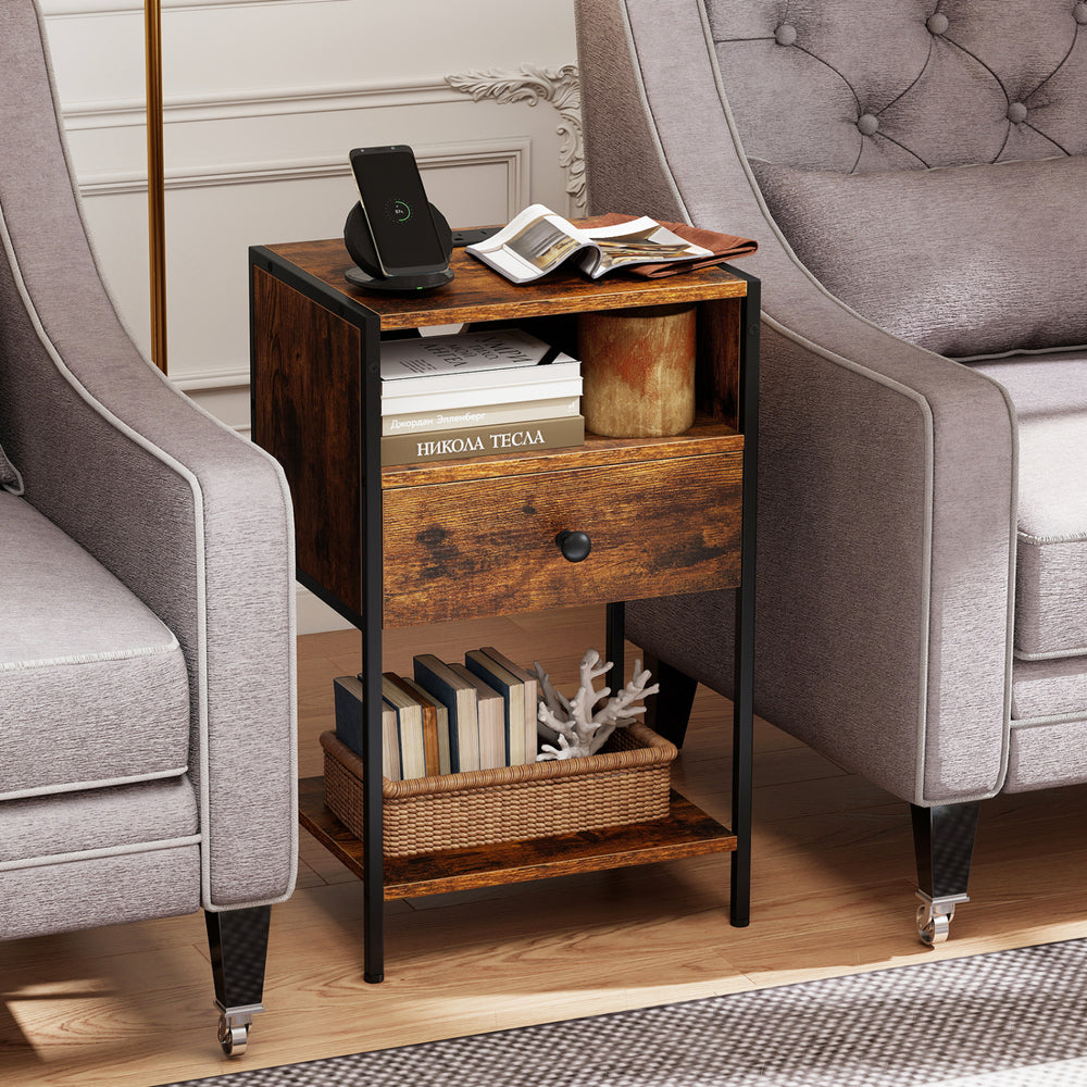 Rustic brown nightstand with charging station, USB ports, and drawer, perfect for bedside or living room organization.