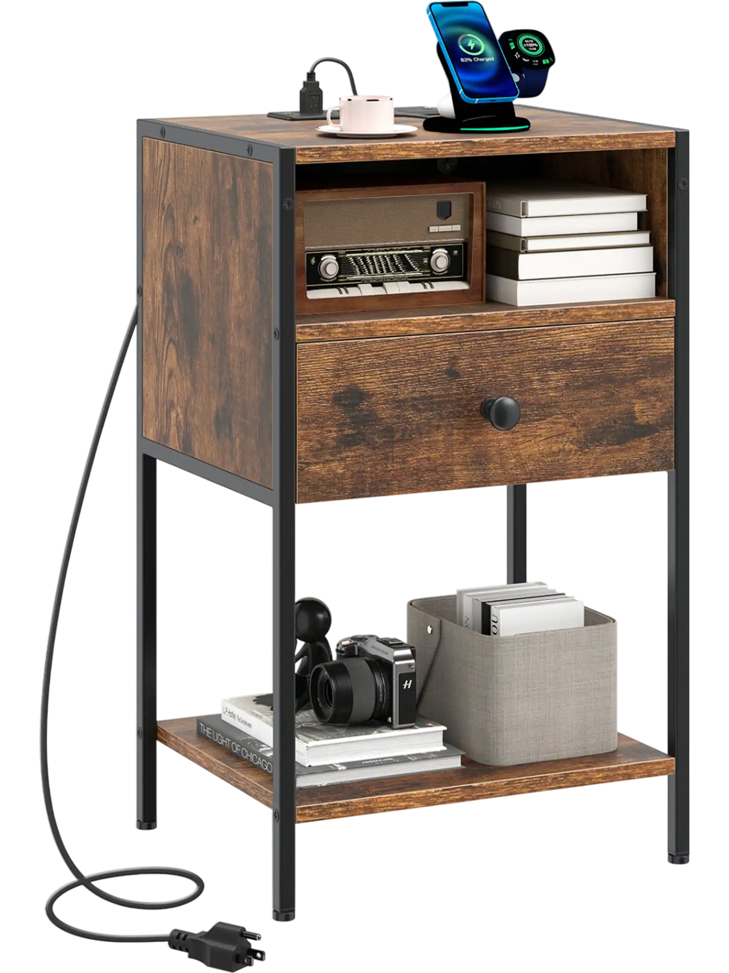Costway Nightstand Bedside Table w/ Charging Station USB Ports Outlets 33467512 New