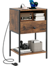 Rustic brown nightstand with charging station, USB ports, and drawer, ideal for bedroom or living room organization.