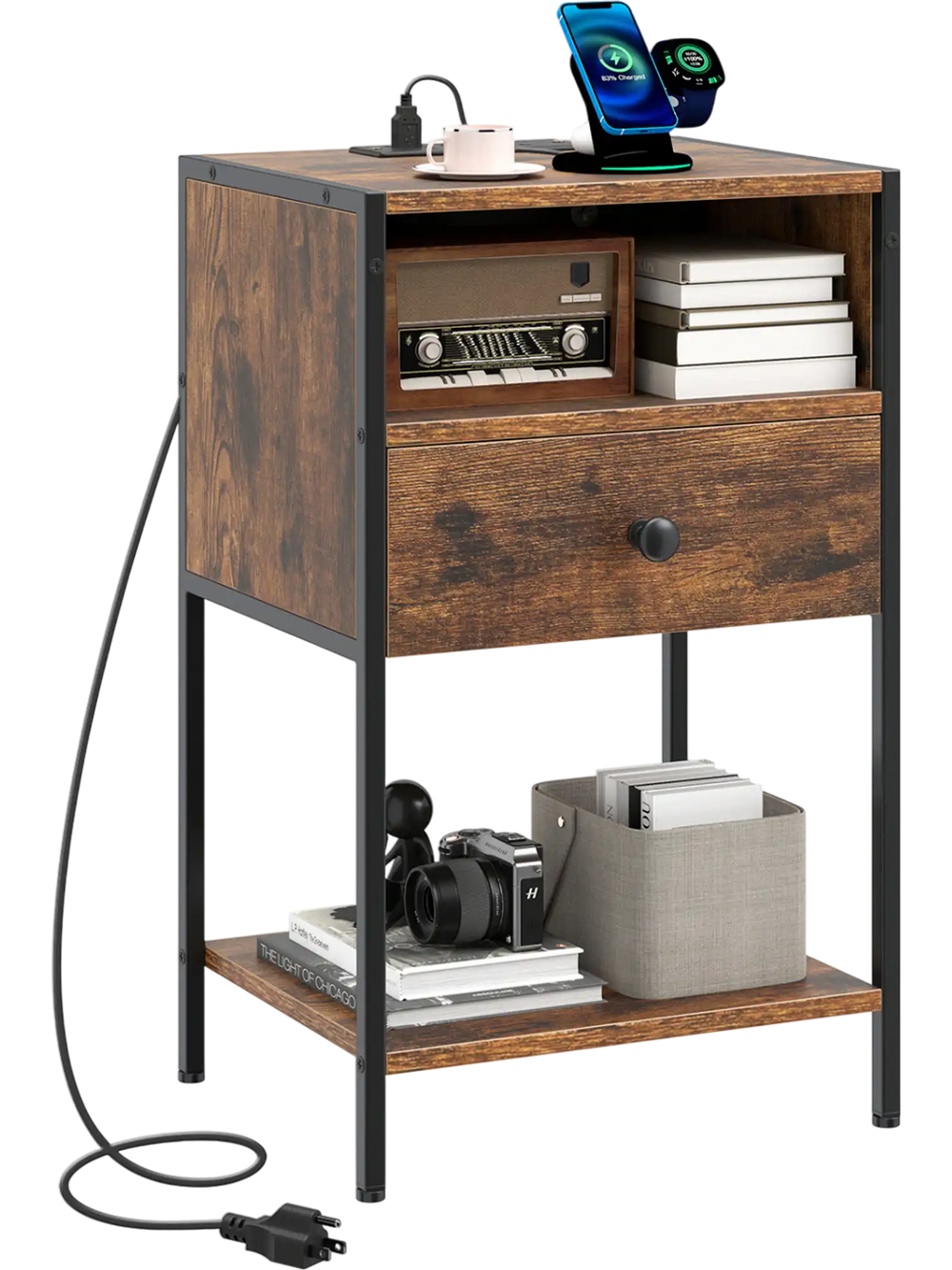 Rustic brown nightstand with charging station, USB ports, and drawer, ideal for bedroom or living room organization.