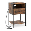 Rustic brown nightstand with charging station, USB ports, and drawer, featuring a sturdy design for versatile use.