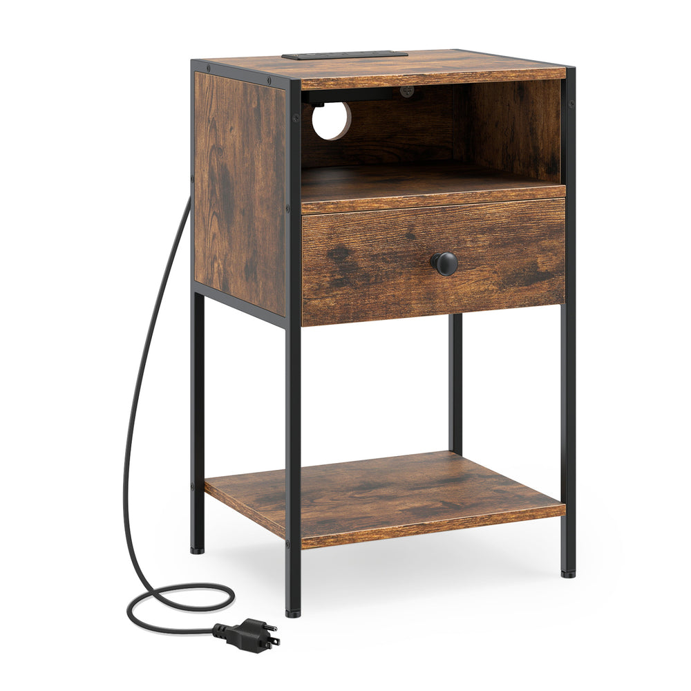 Rustic brown nightstand with charging station, USB ports, and drawer, featuring a sturdy design for versatile use.