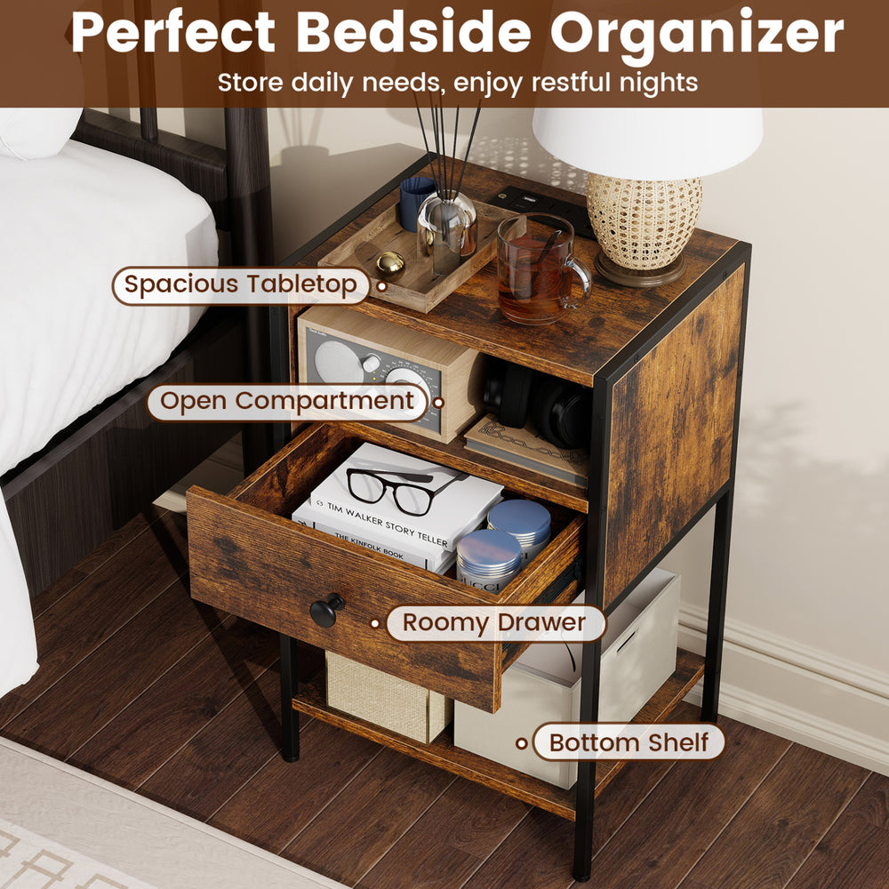 Nightstand with charging station in rustic brown, featuring a spacious tabletop, roomy drawer, and open compartment for.